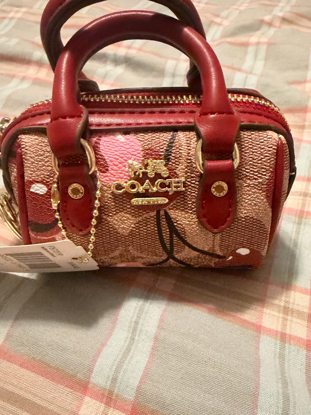 Coach Pink Floral Mini Satchel Keychain with Red Trim